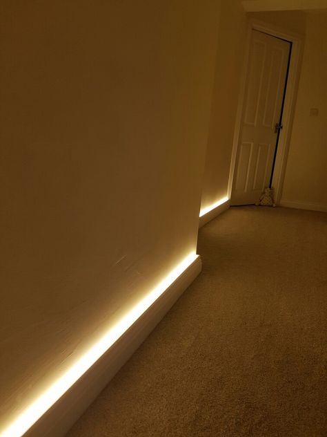 Hallway Led Lighting Ideas, Hallway Night Lights, Floor Lighting Hallway, Hallway Night Light, Led On Floor, Led Lights In Hallway, Hallway Floor Lighting Ideas, Corridor Lamp Ideas, Hallway Strip Lighting