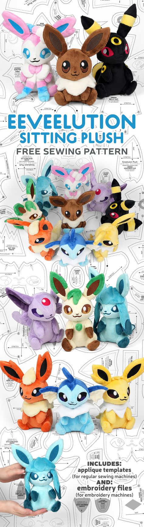 Sewing Patterns Plushies Pokemon, Eevee Sewing Pattern, Diy Pokemon Plush, Pokemon Plushies Pattern, Pokemon Plush Pattern Free, Eevee Plush Pattern, Free Pattern Friday, Pokemon Sewing Patterns Free, Felt Plush Pattern Free