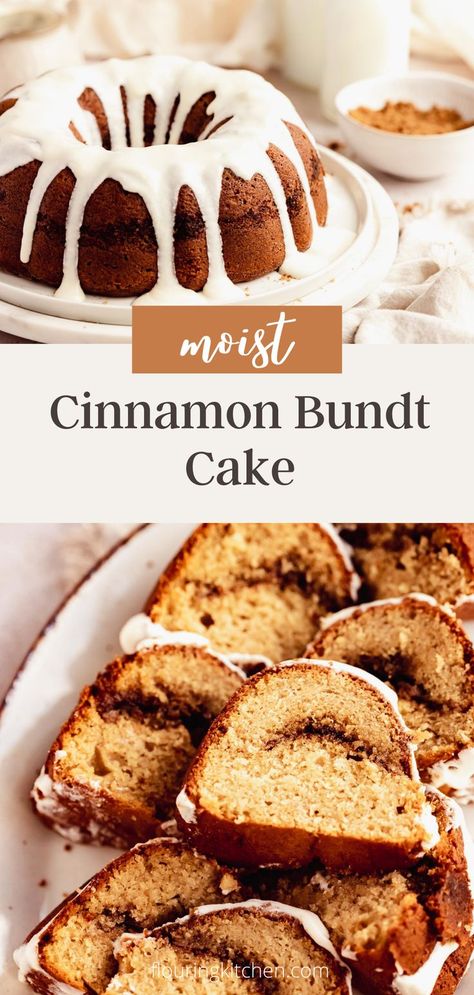 This cinnamon bundt cake is fluffy, moist, buttery, and has a gooey cinnamon swirl in the middle. It’s topped with a cream cheese glaze. It’s like a cinnamon roll in bundt form! Cake For Wedding Ideas, Cinnamon Bundt Cake Recipes Easy, Cinnamon Bun Bundt Cake, Cinnamon Bundt Cake Recipes, Wedding Cake Box Design, Cinnamon Roll Bundt Cake Easy, Cakes Recipes Chocolate, Cake Stands Ideas, Fall Bundt Cake Recipes