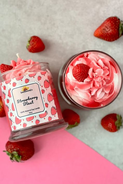 Satisfy your sweet tooth without the calories! Our Blast Dessert Candle Collection features dessert frosting candles, strawberry scented candles, and more, all handcrafted with natural soy wax. Experience the irresistible aroma of your favorite treats without the guilt. Treat yourself or find the perfect gift for a candle lover! 🕯️🍓✨ #ScentedCandles #DessertCandles #SoyWaxCandles. Small Business Candle Ideas, Unique Candle Ideas, Fruity Candles, 3d Dessert, Strawberry Candles, Candle Dessert, Candy Candles, Strawberry Candle, Summer Candle