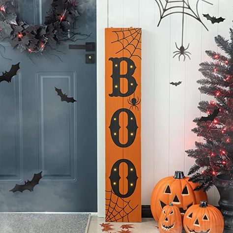 Amazon.com : Glitzhome 42" H Halloween Porch Board Sign with 12 LED Lights, Lighted Halloween "BOO" Hanging Signs or Lean Against Wall Standing Sign, Welcome Halloween Decorative Plaques for Front Door Outdoor : Patio, Lawn & Garden Pumpkin Porch Decor, Halloween Porch Sign, Halloween Wood Signs, Porch Pumpkins, Wooden Porch, Wooden Pumpkins, Halloween Yard Decorations, Front Porch Decorating, Halloween Porch