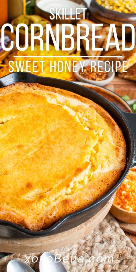 Grab your cast iron skillet and get ready for the most delicious cornbread you ever tasted. Not only is this sweet skillet cornbread recipe a fantastic side dish for homemade chili but it's also a tasty snack in its own right. With tasty ingredients like honey, butter, cornmeal, and eggs, it's a sweet honey cornbread you can really savor and enjoy. It's sweet but not overly so and the texture is soft with a little graininess. The buttery, crisp edges are perhaps the best part of all!