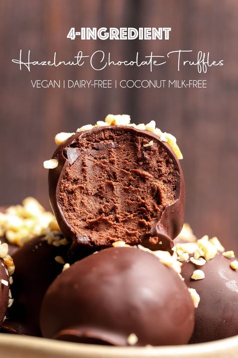 4-Ingredient Vegan Hazelnut Chocolate Truffles Hazelnut Truffles Recipe, Chickpea Truffle Recipe, Vegan Truffles Chocolate, Healthy Chocolate Truffles, Vegan Chocolate Recipe, Hazelnut Truffles, Vegan Hazelnut, Ella Vegan, Hazelnut Dessert