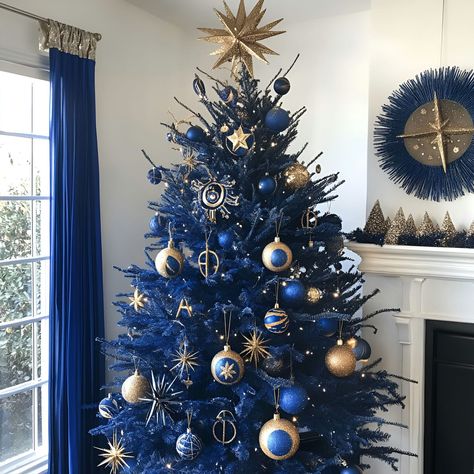 20 Blue Christmas Trees Bringing Elegance To Your Festive Décor Gold And Blue Christmas Tree, Starry Night Theme, Blue Christmas Trees, Night Theme, Holiday Aesthetic, Christmas Tree Decorating Themes, Blue Christmas Tree, Gold Christmas Tree, Blue Christmas