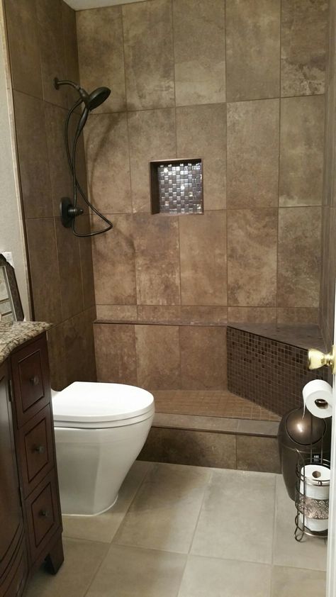 Caramel Bathroom Ideas, Shower Remodel Brown Tones, Dark Brown Tile Bathroom, Bathroom Remodel Brown Tones, Brown And Grey Bathroom, Brown Tile Bathroom Ideas, Brown Tile Bathroom Ideas Color Palettes, Brown Bathroom Tiles, Cream And Brown Bathroom