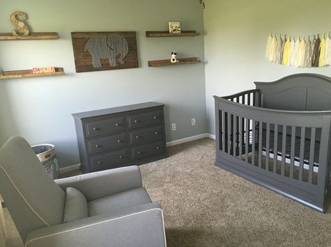 Dark Gray Nursery Furniture, Dark Grey Crib Nursery, Grey Crib Nursery, Dark Gray Nursery, Grey Nursery Furniture, Brown Nursery, Grey Nursery Boy, Yellow Elephant, Grey Crib