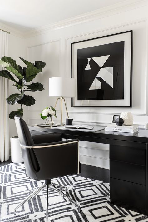 31+ Chic Home Office Ideas to Revamp Your Workspace White And Black Office, Black And White Office Ideas, Chic Home Office Ideas, Feminine Home Office Classy, White Office Ideas, Black And White Home Office, Chic Home Office, White Office Decor, Chic Office Space