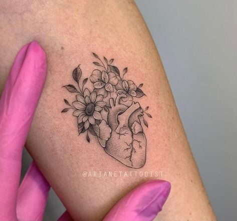 Wear Your Heart On Your Sleeve Tattoo, Marching Tatoos, Top Tattoo For Women, Anatomical Heart With Flowers Tattoo, Anatomically Correct Heart Tattoo, The One Tattoo, Healthcare Tattoos For Women, Heart On My Sleeve Tattoo, Grandpa Tattoos