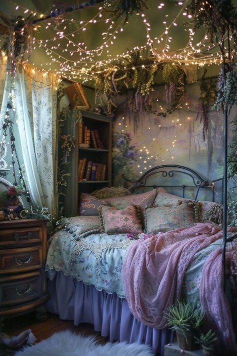 Green Shabby Chic Bedroom, Ethereal Bedroom Aesthetic, Vintage Feminine Bedroom, Ethereal Bedroom, Shabby Chic Decor Ideas, House Themes, Coquette Bedroom, Fairytale Bedroom, Room Mates