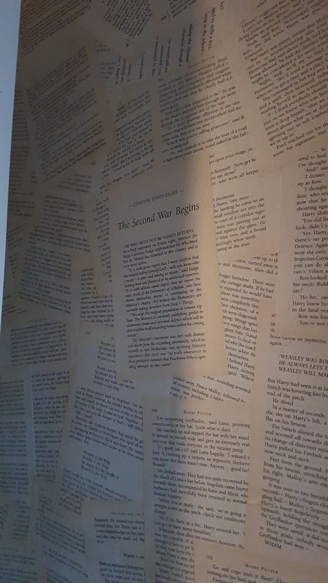 Wall covered with pages from a damaged Harry potter book #bookpages #harrypotter #wallpaper Wallpaper With Book Pages, Book Wallpaper Bedroom, Wall Covered In Book Pages, Wall With Book Pages, Pages Of Books On Wall, Wall Of Book Pages, Book Page Walls, Book Pages Room Decor, Book Wall Aesthetic