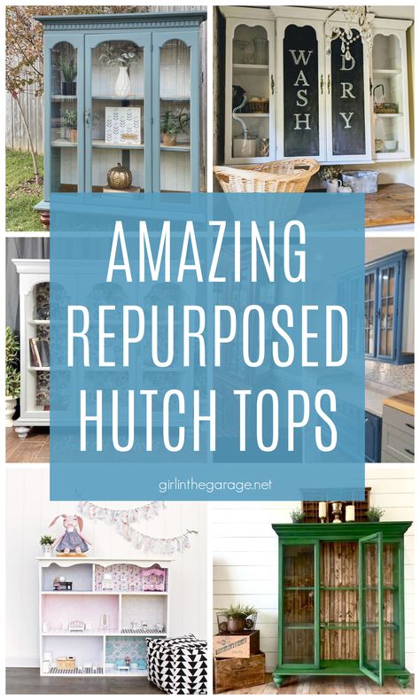 Amazing ideas to repurpose a hutch top from an old china cabinet! via Girl in the Garage Repurposed Furniture For Kitchen Cabinet, Hoosier Cabinet Top Repurposed, China Cabinet Repurposed Ideas, Old China Cabinet Repurposed, Hang China Hutch On Wall, Using China Cabinet As Kitchen Cabinets, Using Hutch For Kitchen Cabinets, Built In Cabinet Makeover, China Cabinet Redo Coffee Stations