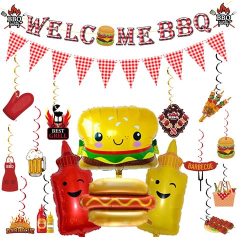 PRICES MAY VARY. 🍔【Package】you will receive 1pc Welcome BBQ banner, 1pc red white and pink checkered banner, 12pcs hanging swirls with spirals, 4pcs balloons included 1 hamburger, 1ketchup, 1 mustard and 1 hot dog shaped balloons. 🧺【Pre-Assembled 】BBQ Banners and hanging swirls are assembled in advance,so you don't need to DIY it by yourself,which can save your time and effort during the process of party preparation. 🍔【How to blow up balloons】The balloons come with a straw and ribbon. Put the Cookout Decorations, Summer Bbq Decorations, Bbq Theme Party, Bbq Baby Shower Decorations, Family Reunion Themes, Bbq Birthday Party, Bbq Party Decorations, Bbq Theme, Blowing Up Balloons