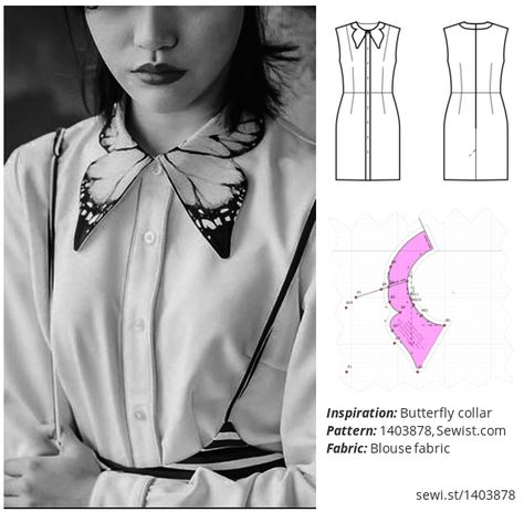 Butterfly Collar Shirt, Butterfly Clothes Design, Diy Collar Pattern, Butterfly On Clothes, Sewing Collars Pattern, Collar Pattern Drafting, Butterfly Sewing, Collar Sewing Pattern, Butterfly Pattern Dress