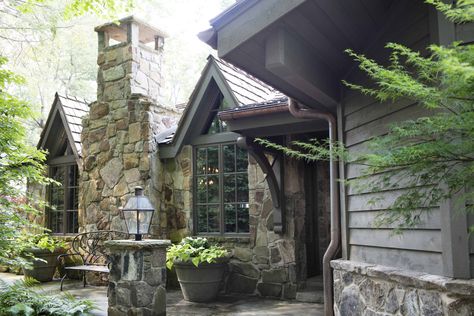 Dreamers Cottage - HK Architects Woodland Cottage Exterior, Small Stone Cottage, Historic Cottage, White Siding, Copper Gutters, Woodland Cottage, Stone Chimney, Chalet Design, Cozy Family Rooms