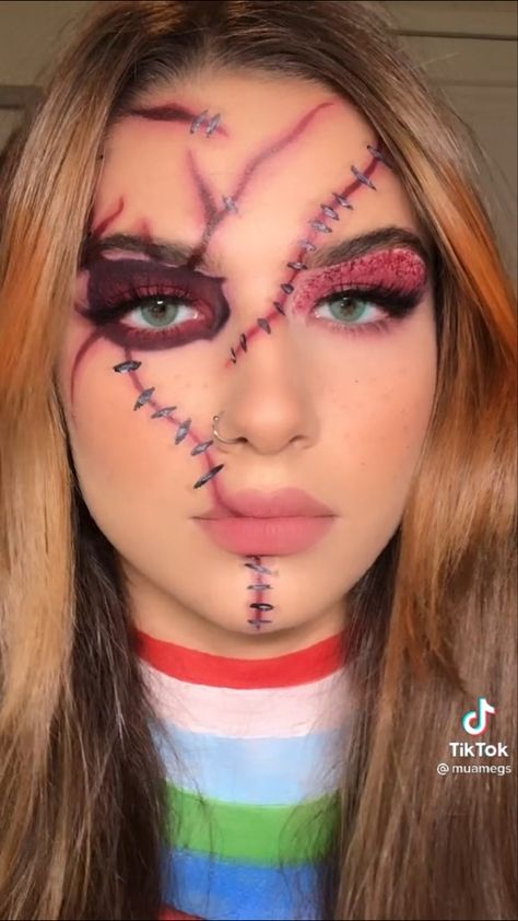 2023 Halloween Makeup Ideas, Women Chucky Makeup, Chucky Halloween Costume Makeup, Chucky Scary Makeup, Chunky Makeup Halloween, Spooky Makeup Easy, Halloween Chucky Makeup, Chucky Inspired Makeup, Chuckie Costume For Women