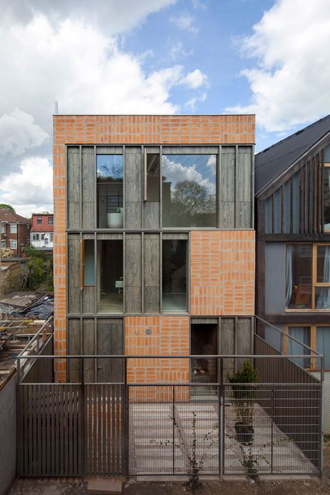 Stone And Wood Facade, Brick And Wood Facade, London Mews House, Bathroom Feature Wall, Library Project, Forest Gate, Architectural Ideas, Wood Facade, Victorian Townhouse