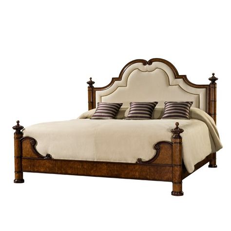 A chestnut burl and flame mahogany veneered king size bed, the shaped arched headboard with a concave molded frame enclosing a nailhead decorated upholstered panel, flanked by ring turned and veneered columns with urn finials, with a similar scroll bracket footboard. European Bed, Luxury Bedroom Furniture, Arched Headboard, Wooden Bed Design, Bed Design Modern, Upholstered Panel Bed, Theodore Alexander, Bed Furniture Design, Panel Bed