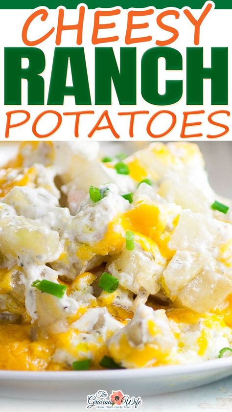 Creamy, Cheesy Ranch Potatoes are the ultimate comfort food recipe that everyone will love. Perfect for potlucks, holidays, and a crowd favorite dish to pass. Soft, warm potatoes covered in creamy ranch and cream cheese and topped with gooey melted cheddar. Cheesy Ranch Potatoes. It’s one of those recipes that just needs no introduction, but I’ll give it a short little one anyway. Imagine with me, will you? Comforting potatoes mixed with creamy cream cheese.. | @graciouswife #steaksidedish Creamy Ranch Potatoes, Dish To Pass Ideas, Ranch Potato Casserole, Potato Caserole, Dish To Pass, Ranch Potato Recipes, Cheesy Ranch Potatoes, Cream Cheese Potatoes, Comfort Meals