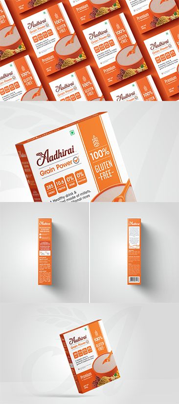 Branding of the Healthy Traditions brand for Aadhirai a health food company based in Namakkal, Aadhirai a well-established brand in the category, combines this traditional food with useful ingredients such as Cereals, millets and rice varieties.  With the new design, useful ingredients are shown more remarkably in Aadhirai packages. In order to underline the naturalness of the product, Orange color is used as the background color. With the grain and Letter A integrated into the logo, the brand Millet Packaging Design, Millet Benefits, Healthy Food Branding, Cereal Packaging, Healthy Diet Food, Honey Packaging, Rice Varieties, Food Pack, Food Company