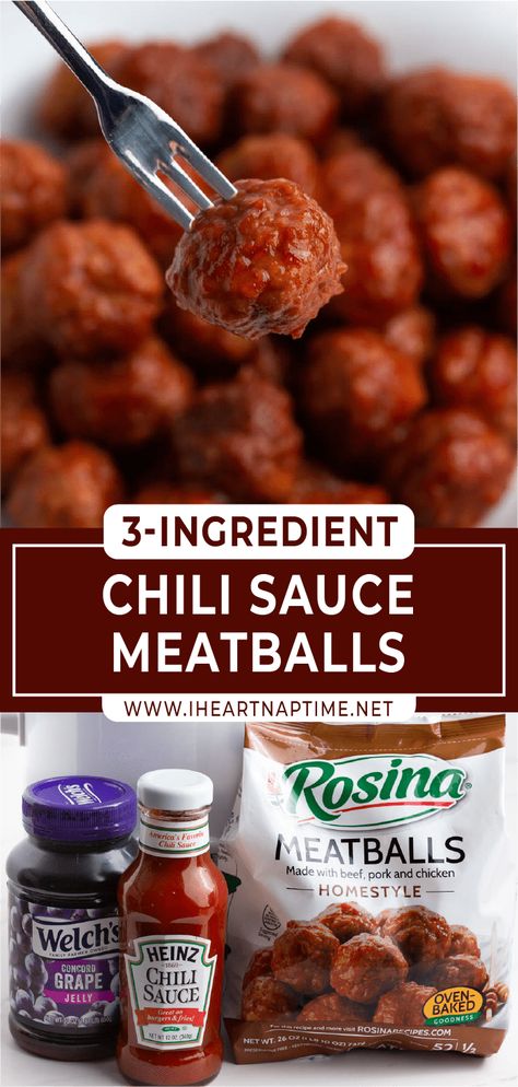 Grape jelly chili sauce meatballs are a delicious and easy dump-and-set crock pot recipe perfect for potlucks and parties. Made with just 3 ingredients including frozen meatballs, this juicy, saucy, sweet, and tangy meatball dish is always a crowd pleaser!