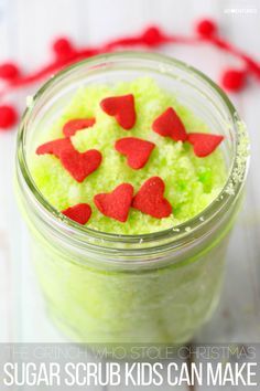 Kid Made Christmas Grinch Sugar Scrub! Craft Gifts For Christmas, Christmas Sugar Scrub Diy, Math And Music, Christmas Sugar Scrubs, Diy Sugar Scrub Recipe, Diy Body Scrub Recipes, Grinch Crafts, Preschool Christmas Activities, Grinch Christmas Party