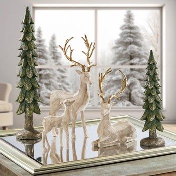 Holiday Deer Family with Trees, Set of 5 Christmas Deer Decorations, Painted Antlers, Deer Family, Large Tree, Elegant Table Settings, Front Porch Christmas Decor, Baby Deer, Classic Holiday, Christmas Deer