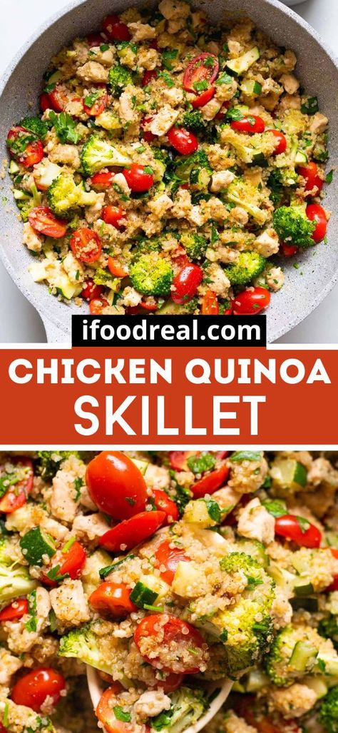 This Chicken Quinoa Skillet combines tender chicken, fresh garden vegetables and nutrient-dense quinoa for a quick 30 minute meal. Quinoa With Meat Recipes, Healthy Quinoa Recipes Low Calories, Chicken Mushroom Quinoa, Healthy Chicken Quinoa Recipes, Quinoa And Vegetables Recipes, Turkey Quinoa Skillet, Zucchini Quinoa Recipes, What To Eat With Quinoa, Quinoa Main Dish Recipes