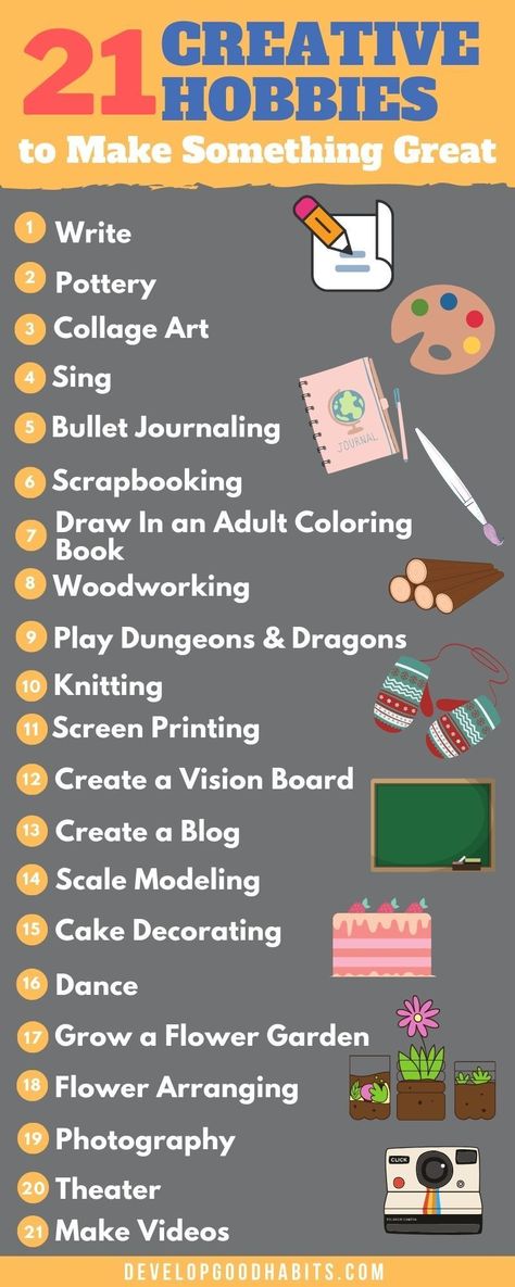 What creative hobbies can you learn that you can do from the comfort of your home? This infographic show some of the ways you can channel your creativity into some fun and enjoyable (and perhaps even profitable) hobbies without even leaving your home. (perfect for thew next quarantine) | creative hobby ideas | hobbies for men | hobbies for women | hobbies that make money | hobbies that make your smarter #creativity #hobbies #creative Hobbies Challenge, Hobbies That Keep You In Shape, Hobbies That Make You Smarter, 7 Hobbies That Make You Smarter, How To Find A New Hobby, Creative Hobbies To Try, Hobbies You Can Make Money From, Outdoor Hobbies, List Of Hobbies To Try