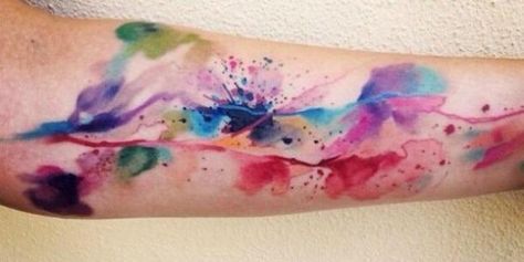 Full arm watercolor tattoo. Water Paint Tattoo, Watercolor Tattoo Sleeve, Watercolor Tattoo Artists, Watercolour Tattoos, Tattoo Sites, Trendy Watercolor, Key Tattoos, Fairy Tattoo Designs, Tattoo Trend