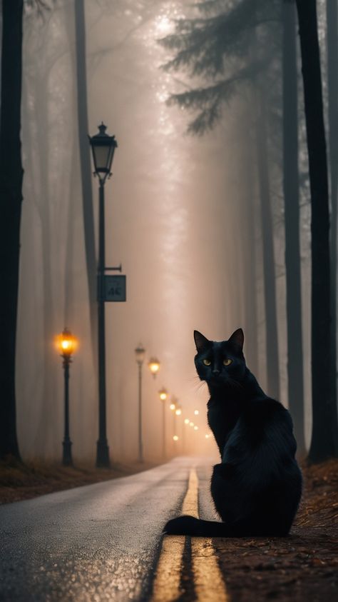 Black Cat Autumn Wallpaper, Street Cats Aesthetic, Halloween Black Aesthetic, Black Cat In Forest, Fall Cat Wallpaper, Black Cat Photography, Black Cat Artwork, Black Cat Sitting, Hello Wallpaper