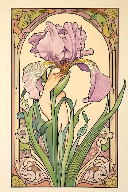 Art Nouveau Book Illustration, Art Nouveau Mural Painting, Purple Art Nouveau, Art Nouveau Fashion Illustration, Lavender Art Nouveau, Art Nouveau 1900, Art Noveau Sketches, Art Nuevo Design, Iris Art Nouveau