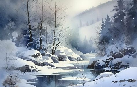 Watercolour Snow Scenes, Winter River Painting, Watercolour Winter Landscape, Winter Watercolour Painting, Watercolor Snowflakes, Watercolor Snow Scenes, Winter Landscape Watercolor, Snow Scenes Winter Landscape, Watercolor Winter Landscape