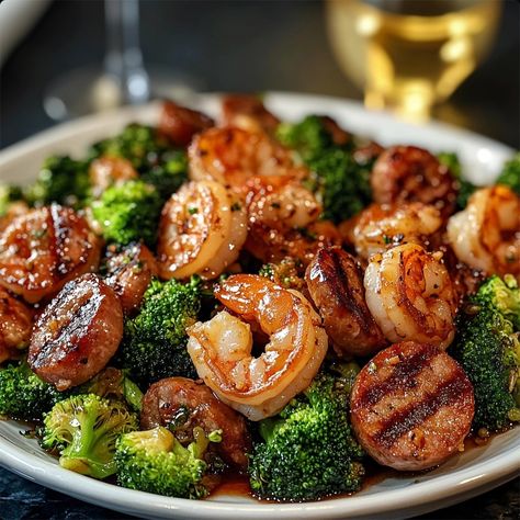 Honey Garlic Shrimp, Sausage, and Broccoli Prawn And Broccoli Recipes, Kielbasa And Shrimp, Honey Shrimp Sausage And Broccoli, Shrimp And Sausage Stir Fry, Shrimp Broccoli Sausage, Shrimp Sausage And Broccoli, Honey Garlic Shrimp And Sausage, Sausage Shrimp Broccoli Recipes, Broccoli And Sausage Recipes