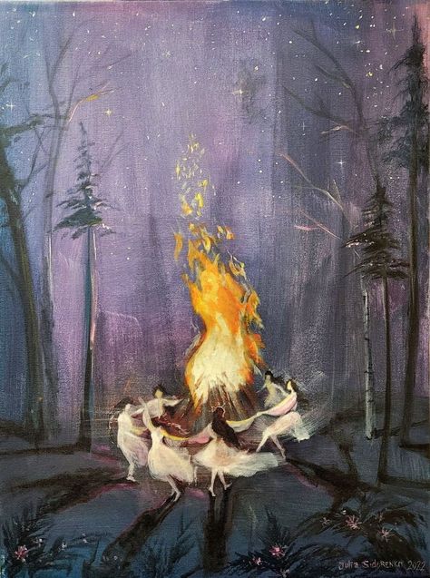 Witches Dancing Around Fire Painting, Dancing Witches Art, Summer Solstice Painting, Dancing In A Forest, Dancing In Forest Aesthetic, Kupala Night Aesthetic, Witch Painting Aesthetic, Witch Painting Acrylic, Summer Solstice Aesthetic Art