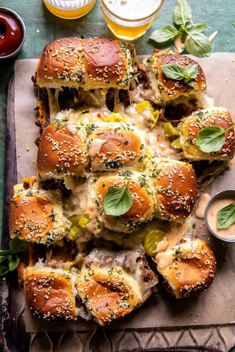 Pull Apart Cheeseburger Sliders. - Half Baked Harvest Roasted Olives, Top Dinner Recipes, Half Baked Harvest Recipes, Cheeseburger Sliders, Bite Size Appetizers, Harvest Recipes, Summer Appetizer, Half Baked, Half Baked Harvest