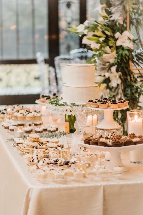 Photography: Simply Korsun #Wedding #Bride #Groom #Weddingcake #WinterWedding #Reception Dessert Bar Wedding Reception, Reception Dessert Bar, Wedding Reception Dessert Table, Dessert Station Wedding, Wedding Table Decorations Elegant, Pastel Rectangular, Wedding Food Display, Dessert Display Wedding, Wedding Cake Dessert Table