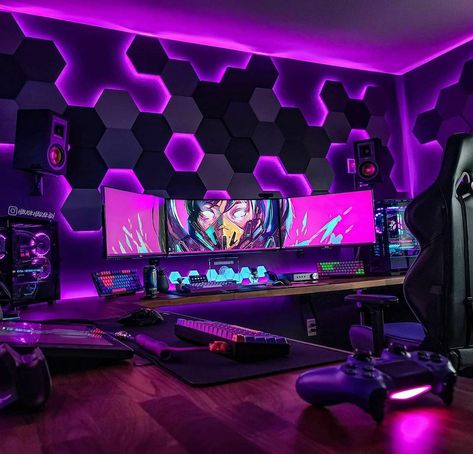 Custom build Hexagon light panels with added cololight light panels. Change the look of your room at any time. Save this for future reference. #rgbtherapy Games Room Inspiration, Pc Gaming Desk, Game Setup, Gaming Desk Setup, Best Gaming Setup, Computer Gaming Room, Gamer Setup, Gamer Room Decor, Pc Gaming Setup