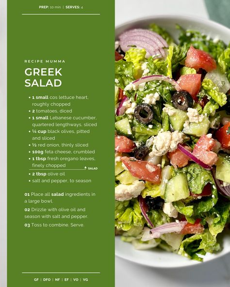 When I can't be bothered whipping up a 'fancy' salad, but I want to make it look like I have, I make this Greek Salad. Why? It only takes 10 minutes to make and you don't have to cook ANYTHING!!! Salad Recipes With Ingredients And Procedure, Fancy Salad, Greek Salad Recipe, Fancy Salads, Recipes With Ingredients, Bunny Chow, Types Of Salad, Tomato Salad Recipes, Satisfying Salads