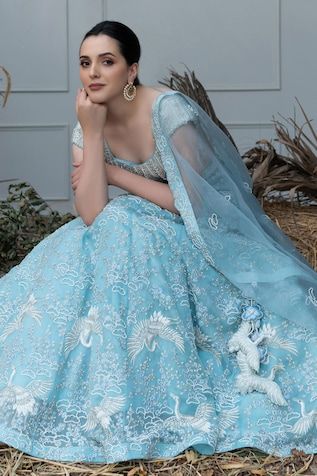 Organza Hand Embroidered Lehenga Set Ice Blue Lehenga, Varun Chakkilam, Embroidered Bridal Lehenga, Blue Organza, Blue Lehenga, Embroidered Lehenga, Muslimah Fashion Outfits, Organza Dupatta, Embroidered Neckline