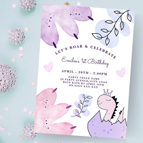 Pink Purple Palette, Dino Birthday Invitations, Dino Party Invitation, Purple Invitation, Birthday Party Pink, Baby Birthday Card, Surprise Birthday Invitations, Purple Invitations, Birthday Party Venues