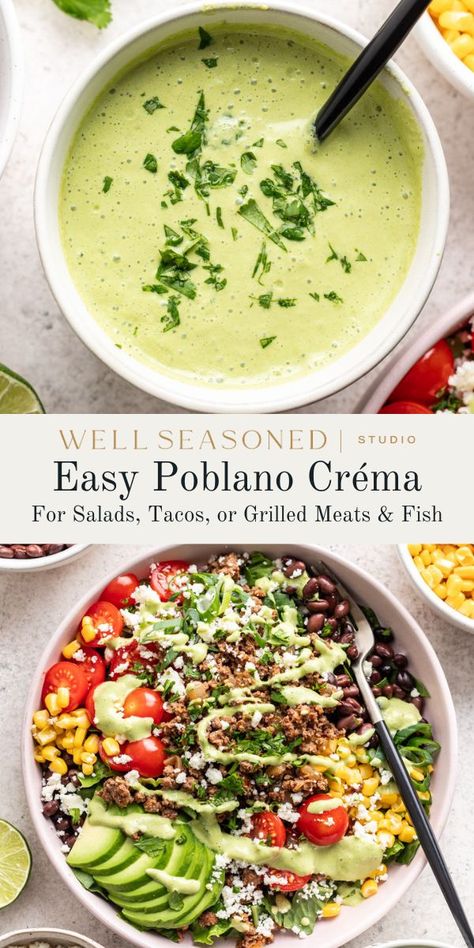 My homemade Poblano Crema is a delicious blend of smoky, creamy goodness that adds a burst of flavor to any dish. Whether you're dolloping it on tacos, drizzling it over enchiladas, or using it as a dip for chips, this Poblano Crema is sure to elevate any TexMex meal. #wellseasonedstudio #poblanocrema #mexicancrema #poblanocreamsauce Salsa Recipe For Tacos, Poblano Crema, Dip For Chips, Poblano Sauce, Crema Recipe, Creamy Salad Dressing, Seasoning Recipes, Roasted Veggies, Dessert For Dinner