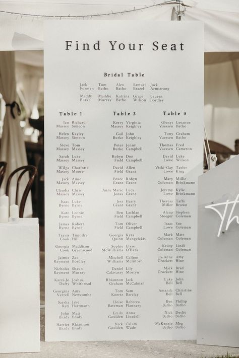 wedding reception white table seating chart with black vinyl and acrylic lettering Table Numbers For Long Tables, Seating Chart Wedding Ideas Long Table, Kings Table Seating Chart, 3 Table Seating Chart, Long Wedding Table Seating Chart, Table Finder Wedding, Seating Plan For Long Tables, Wedding Seating Chart For Long Tables, Table Numbers Long Tables