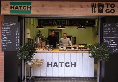 HATCH, new food to go set up in St Albans by Chris Evans (left) and Andy Bonar (right). Italian Fast Food, Cozy Cafe Interior, Coffee Cafe Interior, Bakery Shop Interior, Cafe Signage, Cafe Display, Bakery Shop Design, Food Kiosk, Small Cafe Design