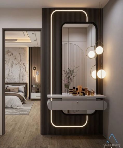 Luxury Dresser Design With Mirror, Luxury Mirror Wall Panelling Design, Dressing Table Unit Design, Mirror Unit Designs, Mirror With Led Lights Bedroom, Dressing Unit Design Modern Luxury, Wall Paneling With Mirror, Dresser Unit With Mirror Modern, Mirror Unit Bedroom