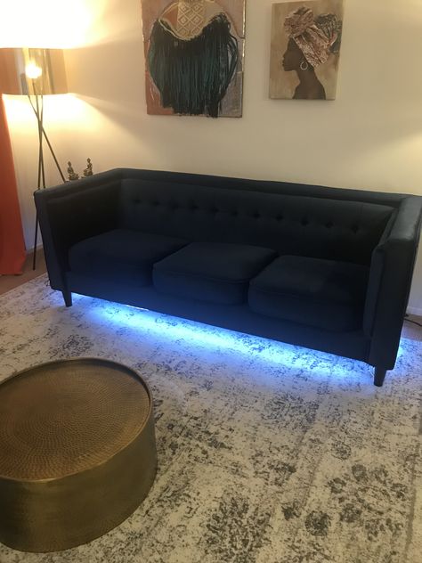 LED light strip from Amazon under couch. Couch Led Lights, Chill Room Ideas Lounges Cozy, Led Lights Under Couch, Lights Under Couch, Led Light Strip Ideas Living Rooms, Gaming Room Couch, Led Strip Lighting Ideas Living Rooms, Mini Couches For Bedrooms, Mini Couch For Bedroom