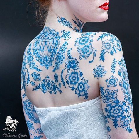 Blue Tattoos, Blue Flower Tattoos, Back Tattoo Women Spine, Blue Ink Tattoos, Tattoo Themes, Tattoos Mandala, Full Back Tattoos, Blue Tattoo, Full Body Tattoo