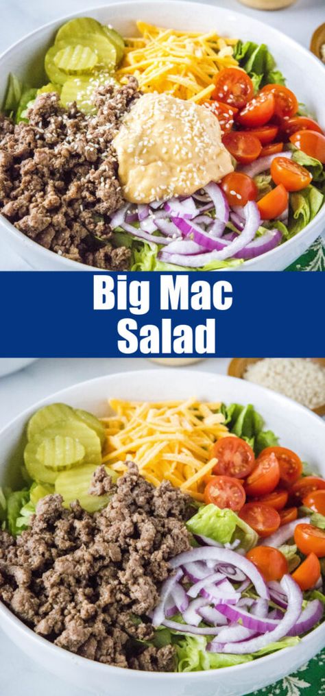 Big Mac Chopped Salad, Big Mac Salad Bowl, Hamburger Salad Dressing, Amazing Salad Recipes, Big Mac Bowl, Big Mac Salad Recipe, Hamburger Chicken, Easy Homemade Salad, Hamburger Salad