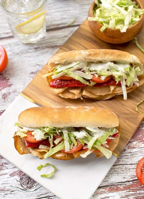 Vegan Hero Sandwiches with Fresh Herb Mayonnaise - The Vegan Atlas Vegetarian Club Sandwich Recipes, Vegan Hoagie, Hero Sandwich, Club Sandwich Recipes, Vegan Potato Salads, Deli Sandwiches, Vegan Mayonnaise, Vegan Potato, Sliced Turkey