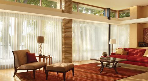 Hunter Douglas Luminette Privacy Sheer Shades Mid Century Window Treatments, Mid Century Modern Window Treatments, Modern Window Treatments, Modern Blinds, Mid Century Modern Interior Design, Honeycomb Shades, Bedroom Blinds, Sheer Shades, Drapery Designs