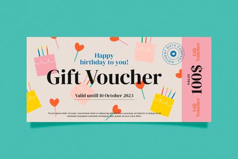 Birthday Voucher Design, Birthday Voucher Ideas, Gift Card Graphic Design, Gift Voucher Design Ideas, Voucher Design Coupon, Birthday Gift Voucher, Gift Certificate Design, Company Birthday, Birthday Voucher